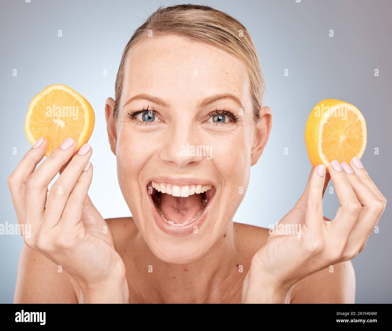Detox skincare, beauty and face of woman with lemon for glowing skin hydration, body care or anti aging. Diy exfoliate, diet and model portrait with Stock Photo
