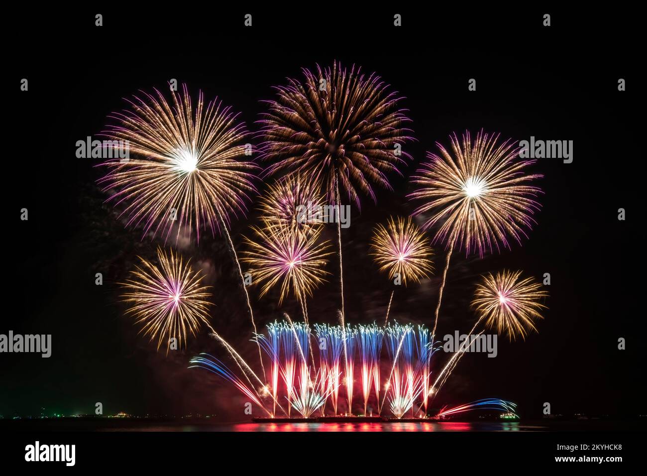 Real Fireworks display celebration, Colorful New Year Firework Stock Photo