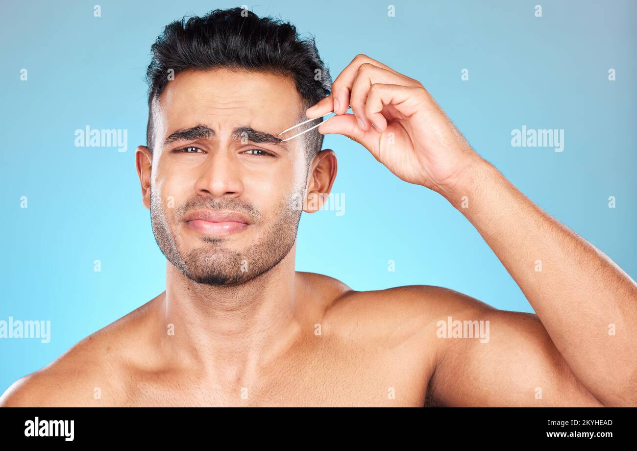 Beauty, grooming and eyebrow with man and tweezers for self care, hair