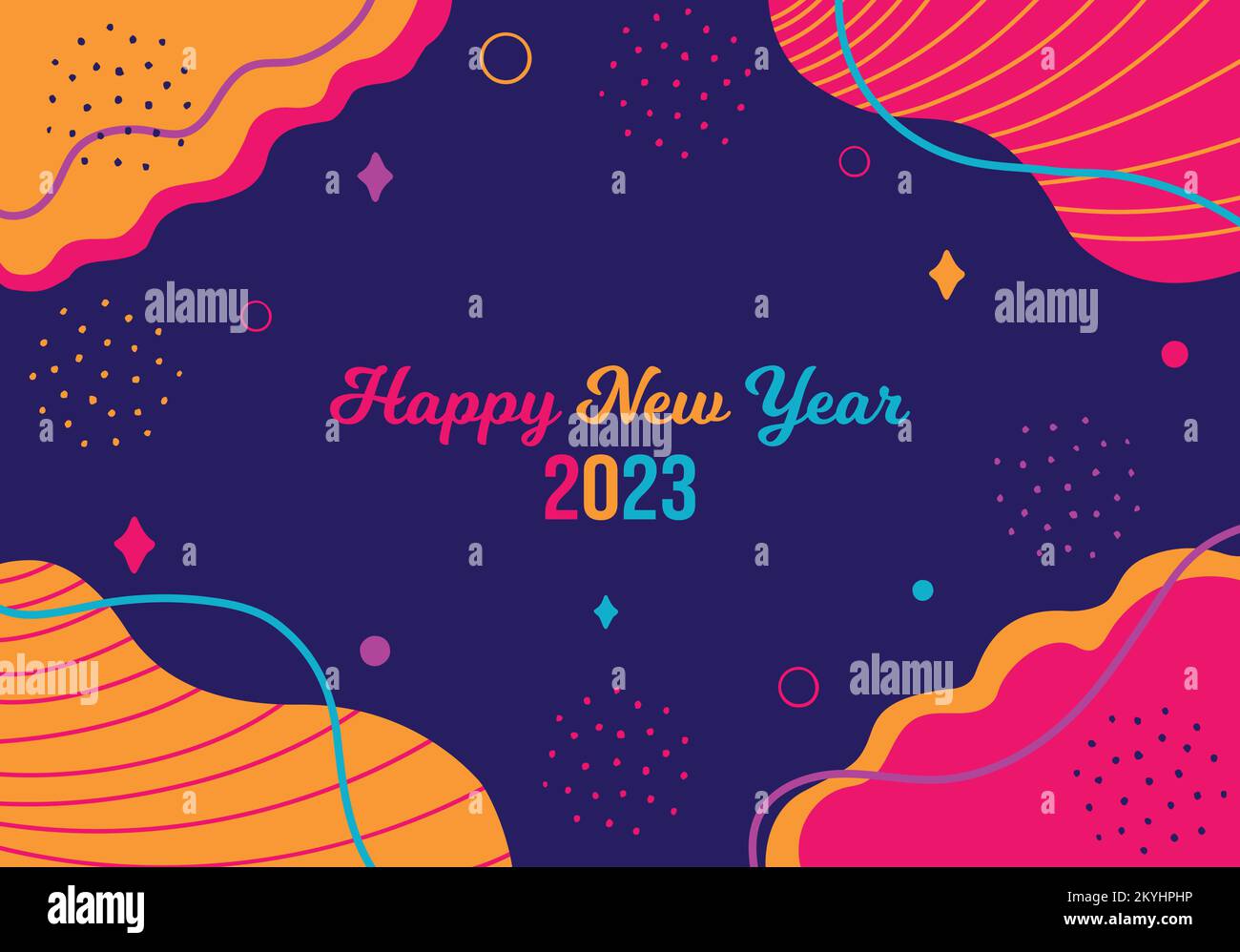 Happy New Year 2023 Background. January 1 celebration poster. Memphis style floral pink, orange, navy blue abstract design. Horizontal banner vector Stock Vector