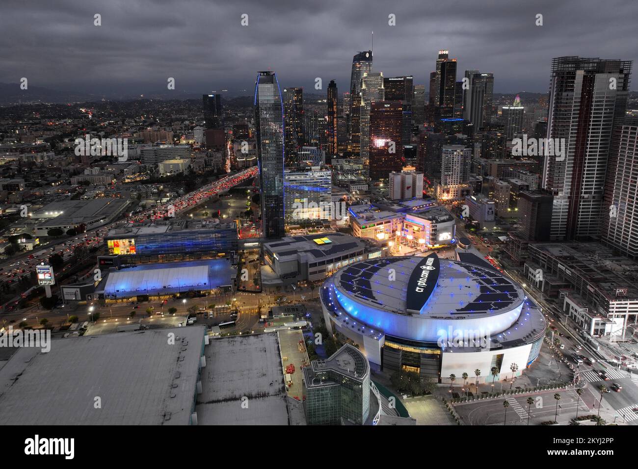 A general overall aerial view of the Crypto.com Arena, LA Live  entertainment complex and Microsoft Theater, Wednesday, Dec. 1, 2022, in  Los Angeles. Photo via Credit: Newscom/Alamy Live News Stock Photo -