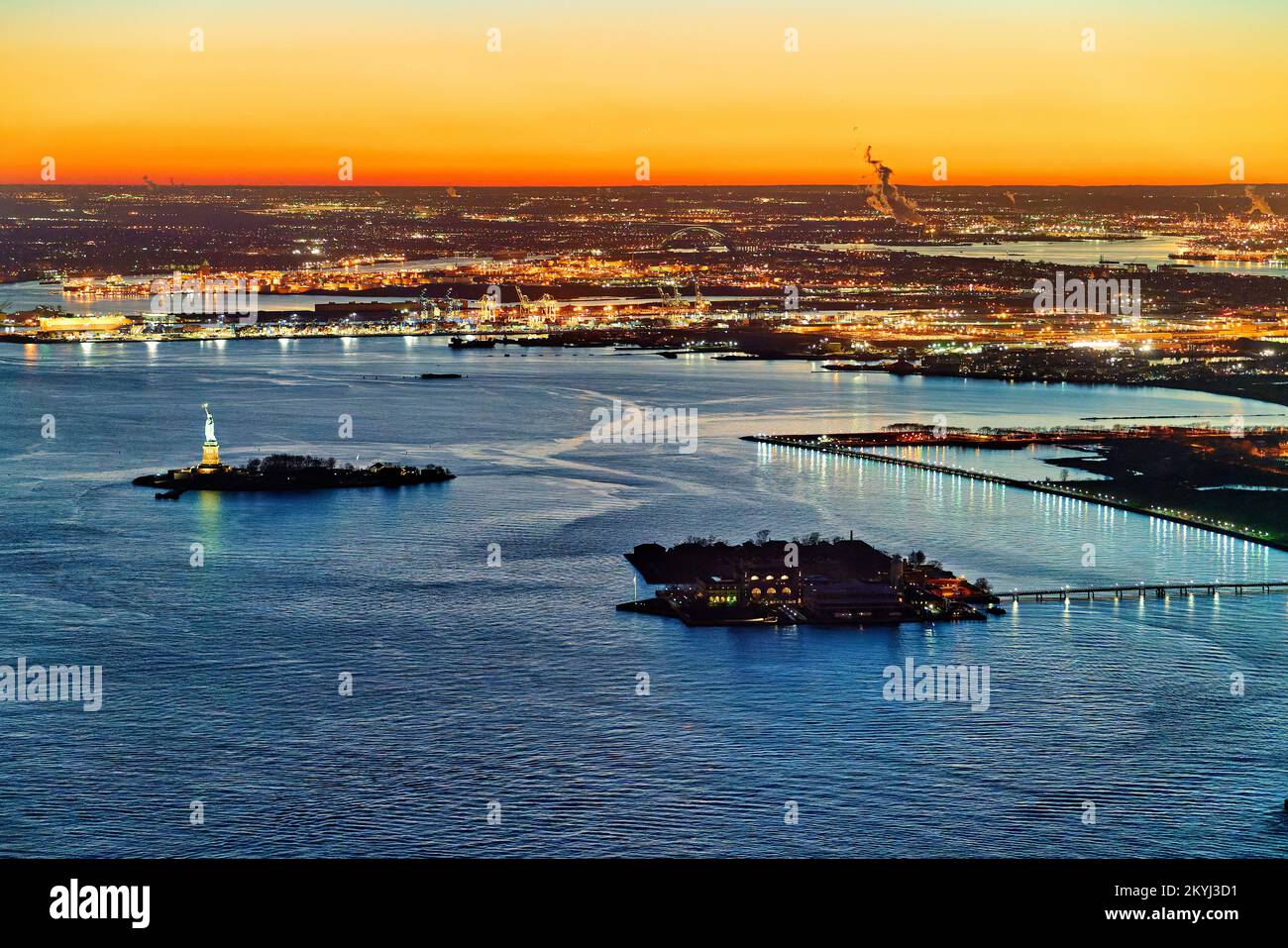 New York. Manhattan. United States. Aerial view of the Statue of Liberty Stock Photo