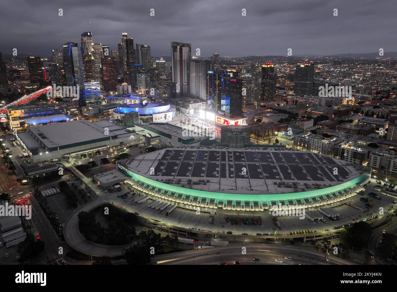 A general overall aerial view of the Los Angeles Convention Center, Crypto.com  Arena, LA Live