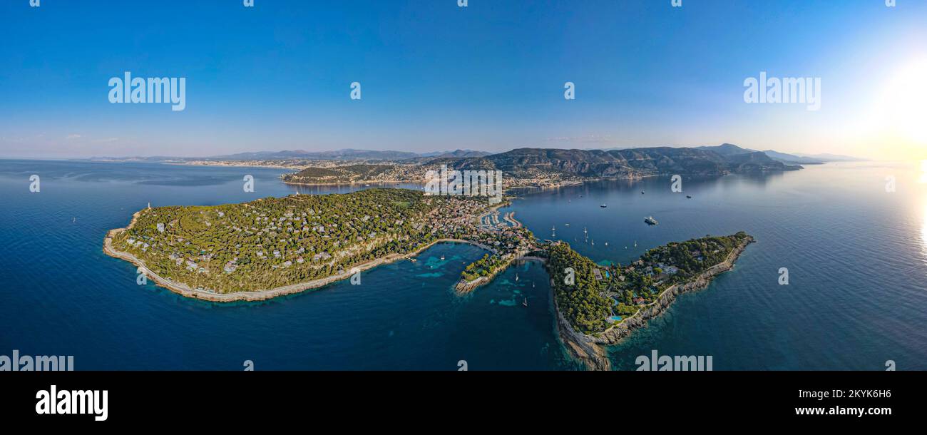 Aerial panoramic view above the famous French riviera Isle of Cap Saint Jean Ferrat, where all the most wealthy Mansions of France can be found Stock Photo