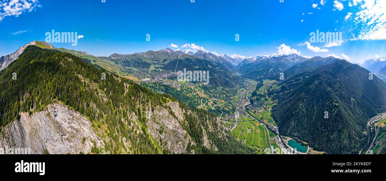 Aerial panoramic view of the Swiss Alps near Verbier in Switzerland ...
