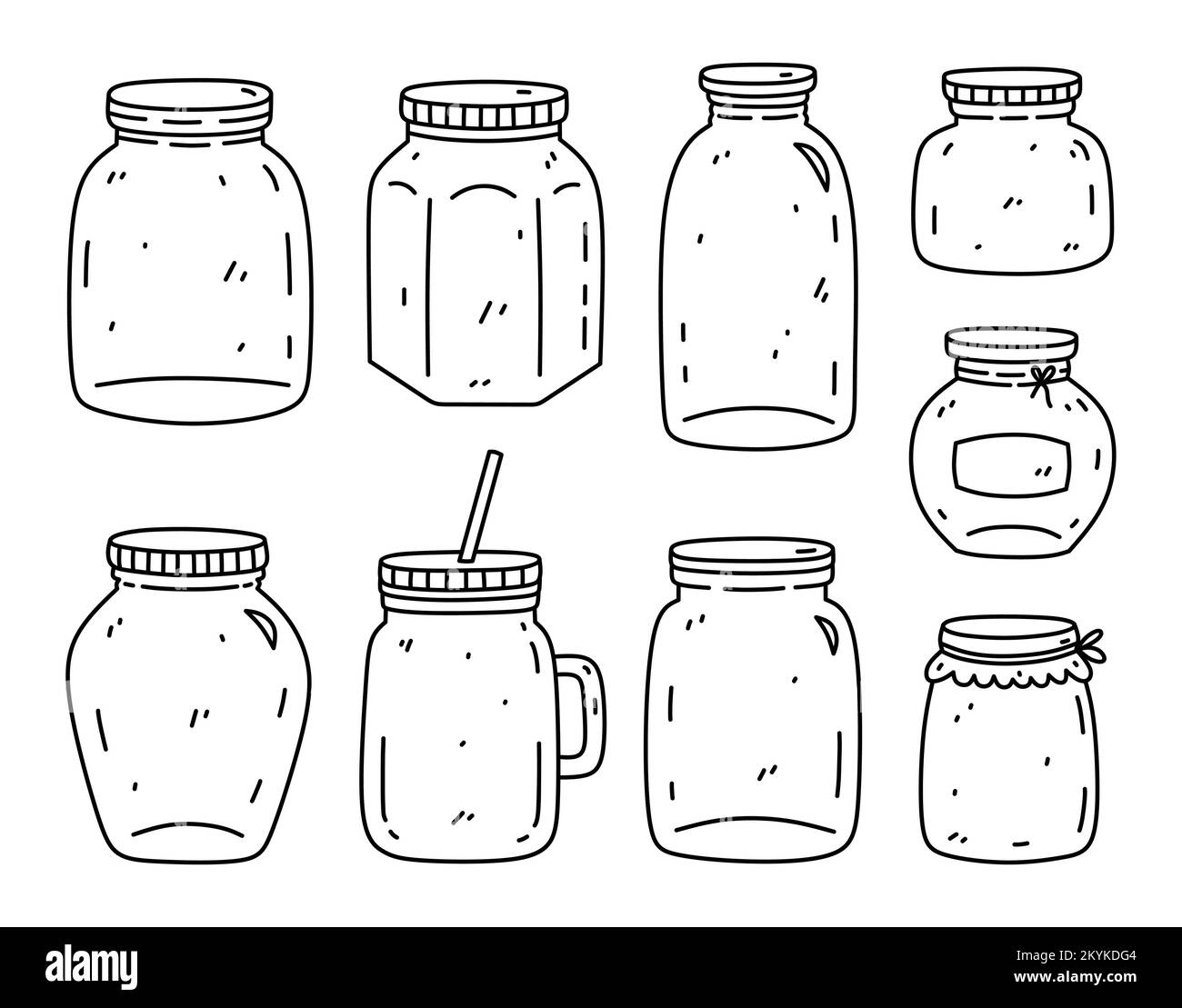A set of glass jars of different shapes isolated on white background. Utensils for canning, jam, drinks. Vector hand-drawn illustration in doodle style. Perfect for decorations, logo, various designs. Stock Vector