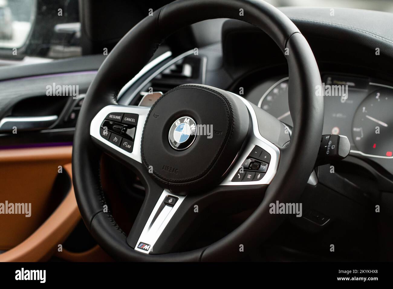 MOSCOW, RUSSIA - FEBRUARY 05, 2022 BMW X3 steering wheel close up view. BMW logotype on the car steering wheel. Modern car interior design. Stock Photo