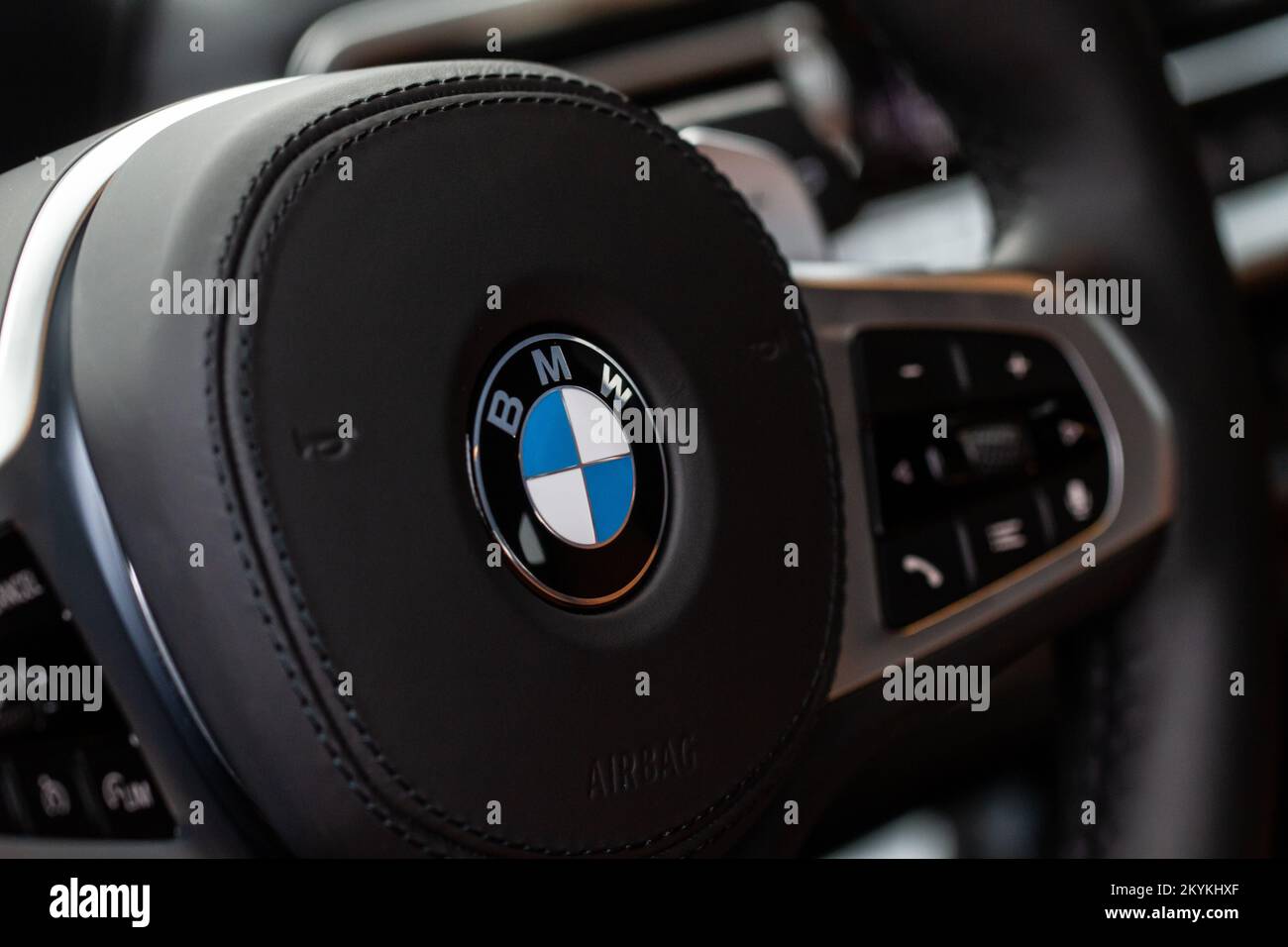MOSCOW, RUSSIA - FEBRUARY 05, 2022 BMW X3 steering wheel close up view. BMW logo on the car steering wheel. Compact luxury crossover SUV Stock Photo