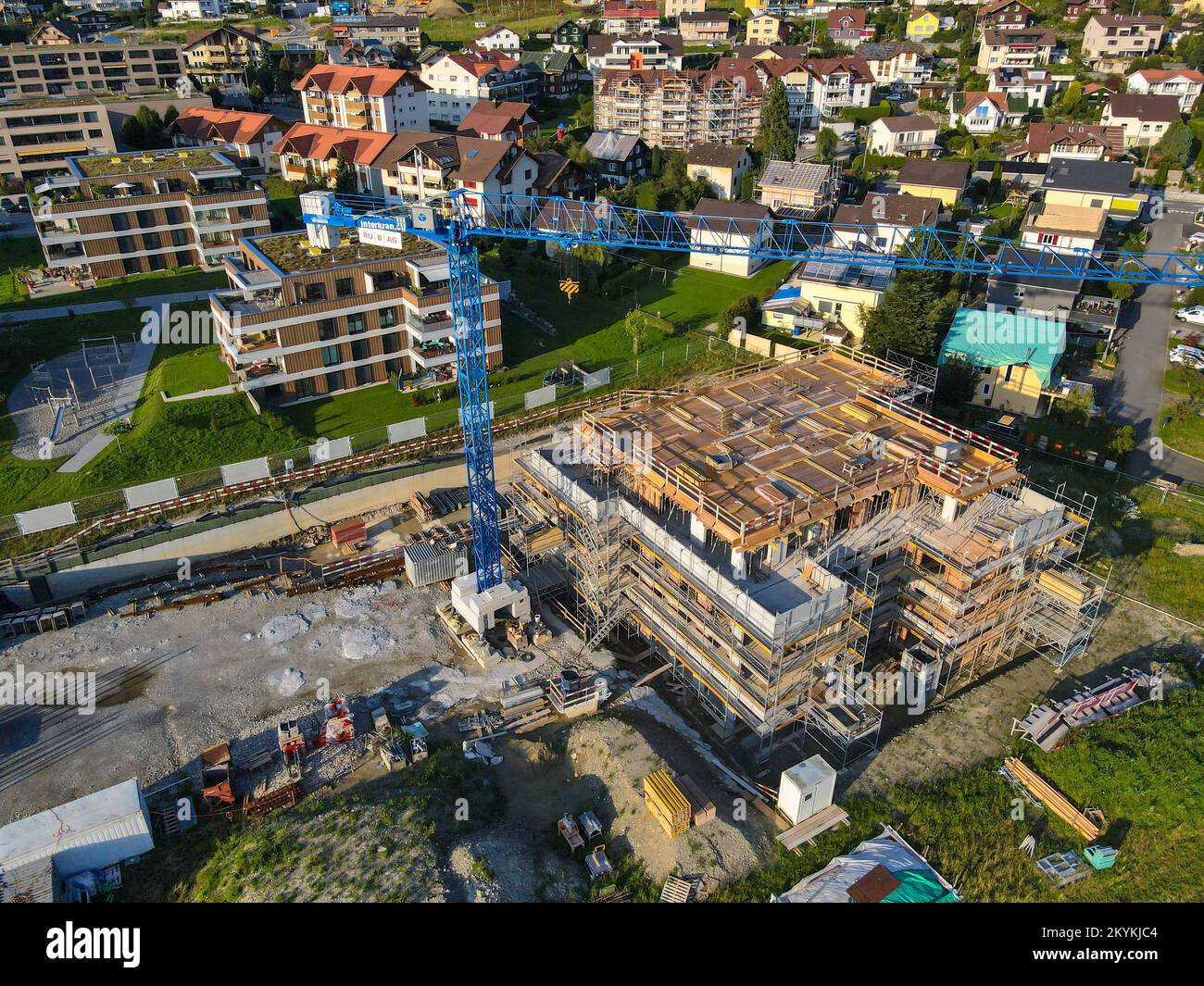 Aerial view of construction of modern condo's in Switzerland Stock
