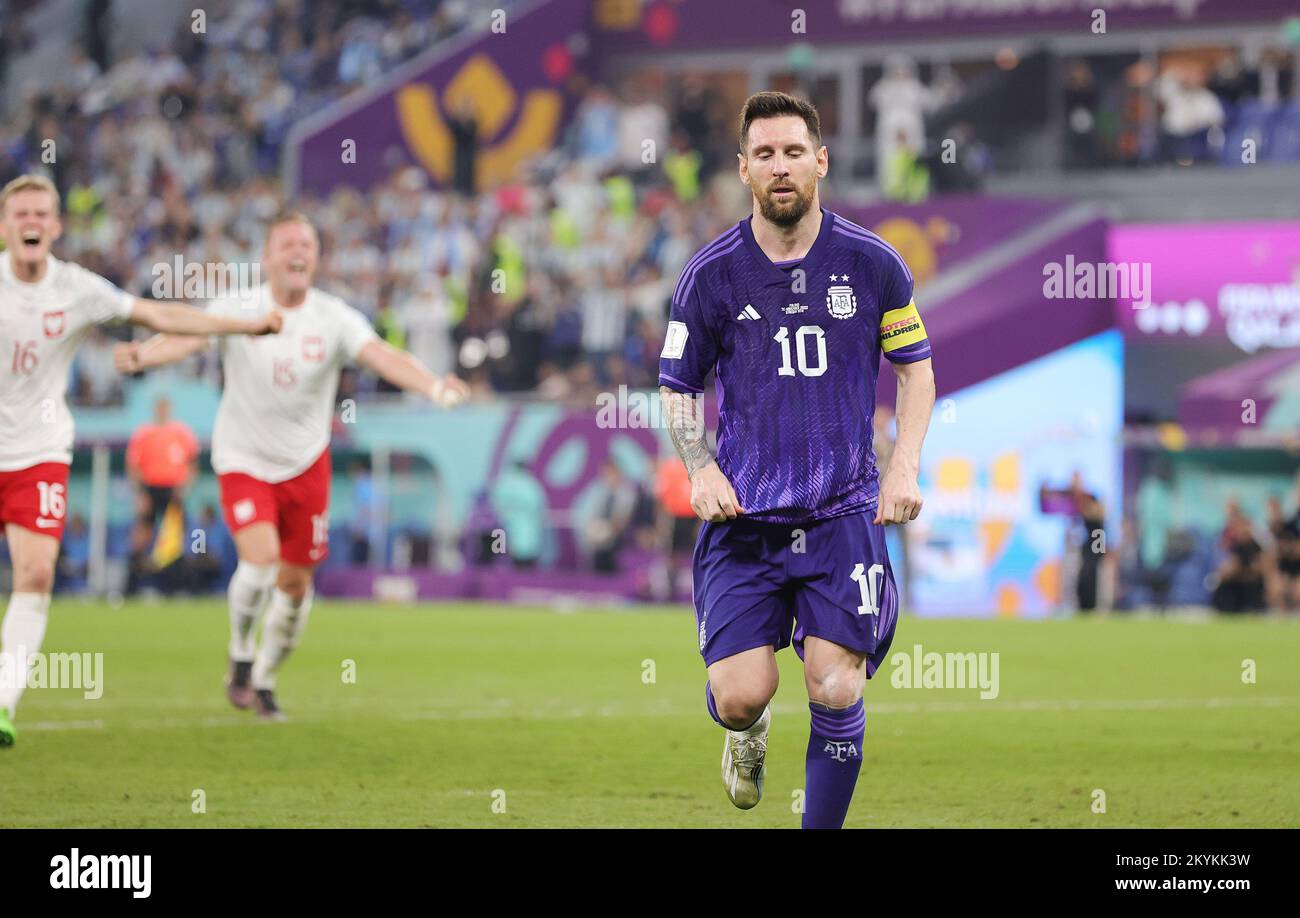 Lionel Messi of Argentina looks dejected after missed a penalty during the FIFA World Cup 2022, Group C football match between Poland and Argentina on November 30, 2022 at Stadium 974 in Doha, Qatar - Photo: Sebastian El-saqqa/DPPI/LiveMedia Stock Photo