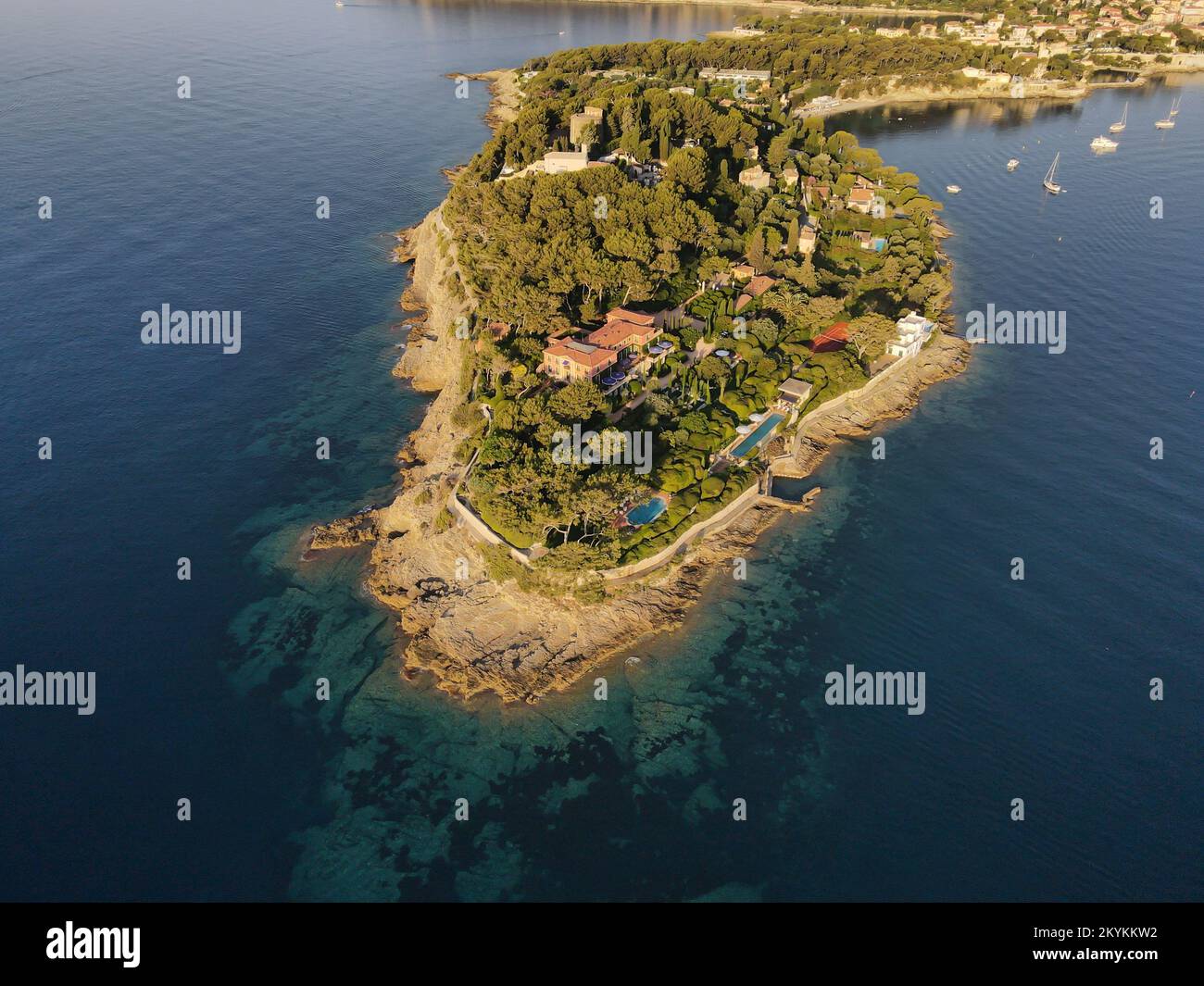 Aerial panoramic view above the famous French riviera Isle of Cap Saint Jean Ferrat, where all the most wealthy Mansions of France can be found Stock Photo