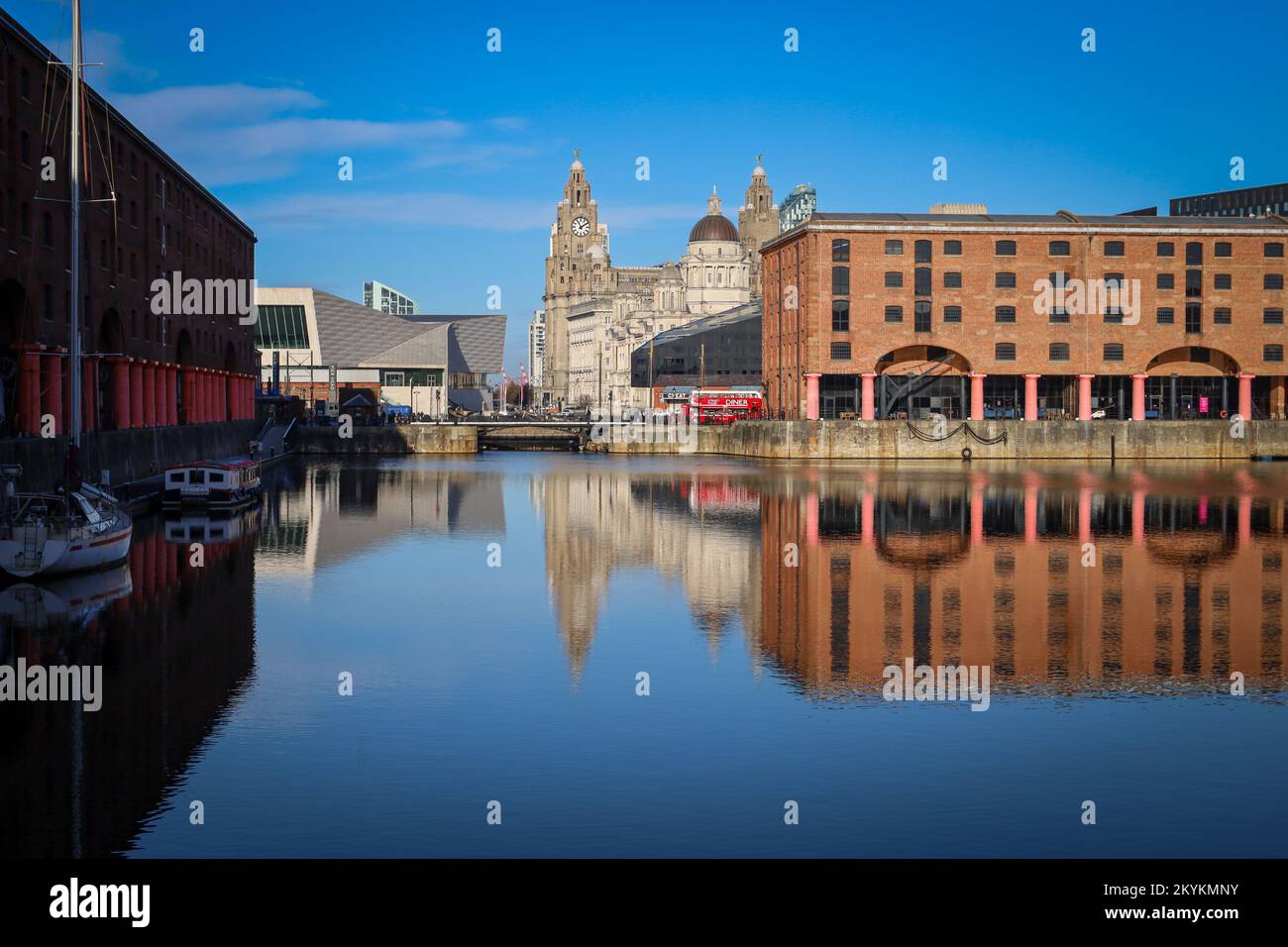 Liverpool Royal Albert Dock, Sunshine, blue sky and water reflection Stock Photo
