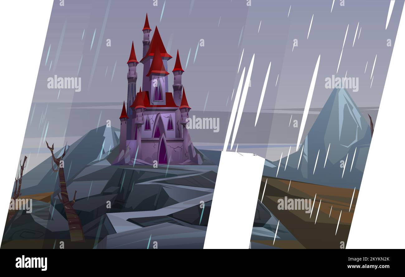 Castle on rock at rainy weather, creepy old or haunted medieval palace in mountains, building with pointed tower roofs under gloomy sky. Fantasy archi Stock Vector
