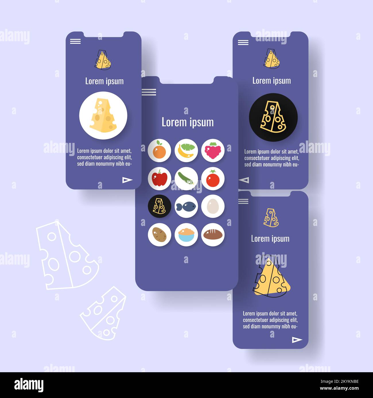 Template mobile app page with hard cheese dairy products. Food outline