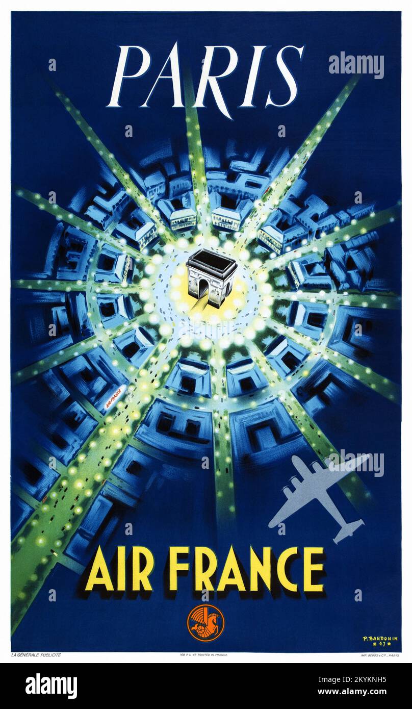 Paris. Air France by Pierre Baudouin (1921-1971). Poster published in 1947 in France. Stock Photo
