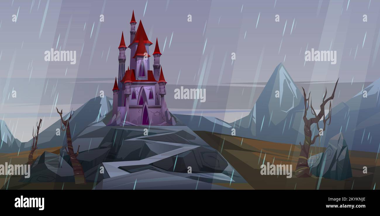 Castle on rock at rainy weather, creepy old or haunted medieval palace in mountains, building with pointed tower roofs under gloomy sky. Fantasy architecture, fortress, Cartoon vector illustration Stock Vector