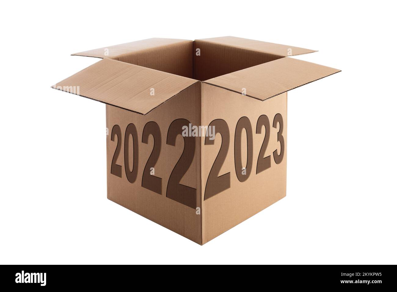Happy New Year 2023 concept for home removal and transportation, rental a house, rent a home, text on the Open Cardboard box isolated on a white backg Stock Photo