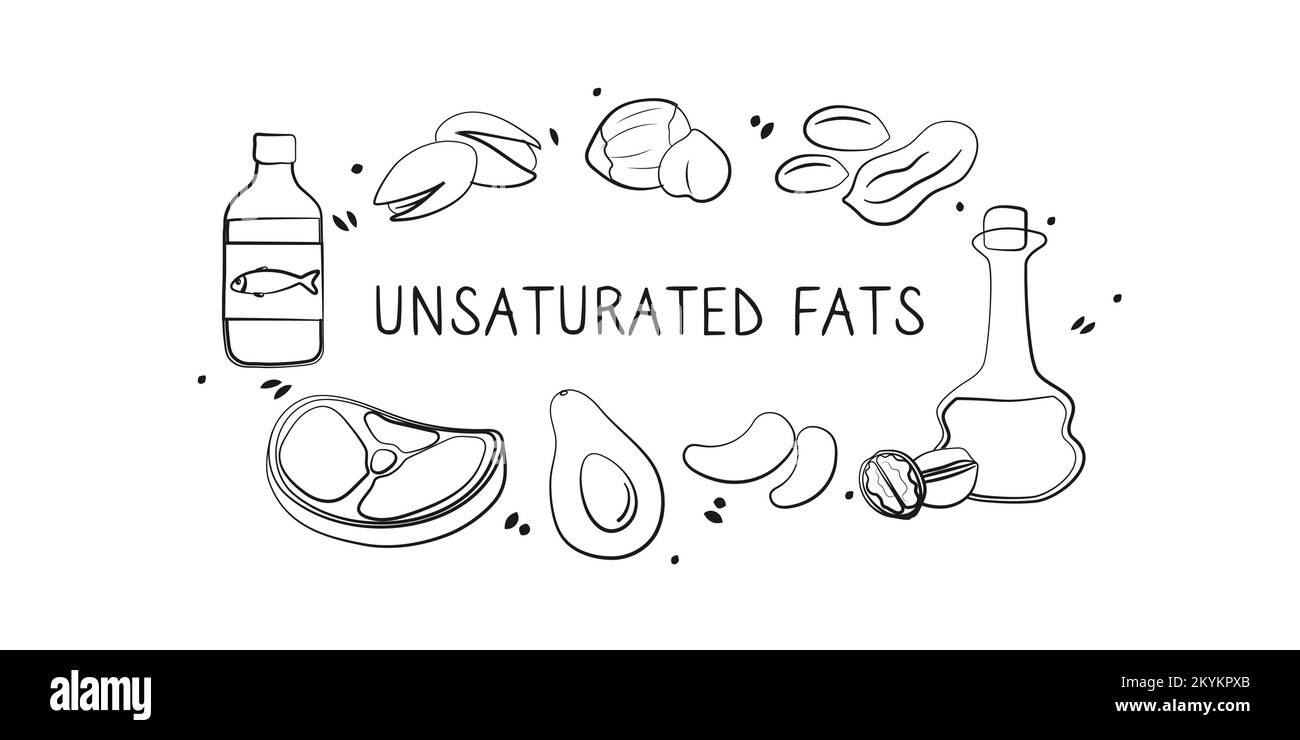 Unsaturated fatty acids-containing food. Groups of healthy products containing vitamins and minerals. Set of fruits, vegetables, meats, fish and dairy Stock Vector