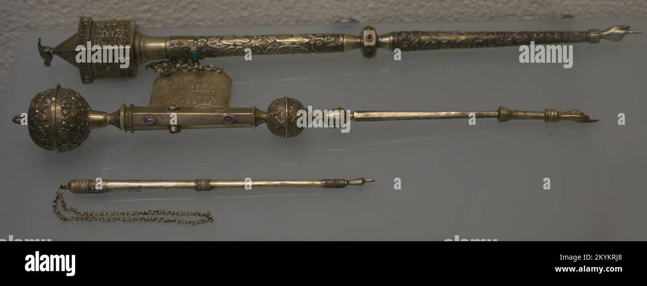 Above: pointer (or yad) with vegetal motifs and Hebrew inscription, used to follow the reading of the Torah (Jewish Law). Centre: pointer (or yad) with Hebrew inscription and spice receptacle. From Italy, 20th century. Bottom: pointer (or yad). 19th-20th centuries. From Morocco. Deposit of the Jewish Community of Madrid. Sephardic Museum. Toledo. Castile-La Mancha. Spain. Stock Photo