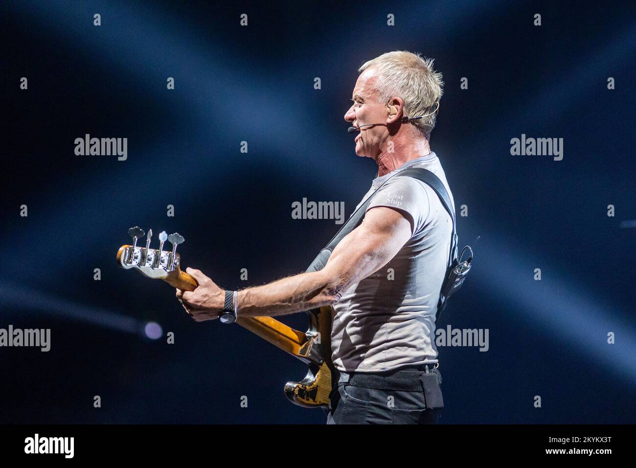Sting, real name Gordon Sumner, live performance on stage. Bass player
