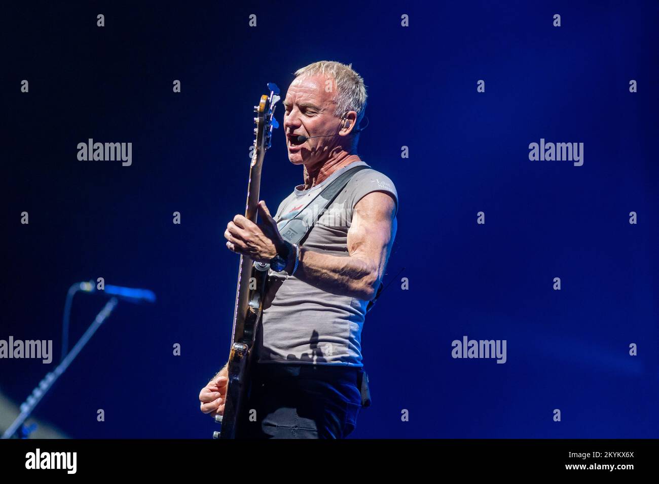 Sting, real name Gordon Sumner, live performance on stage. Bass player