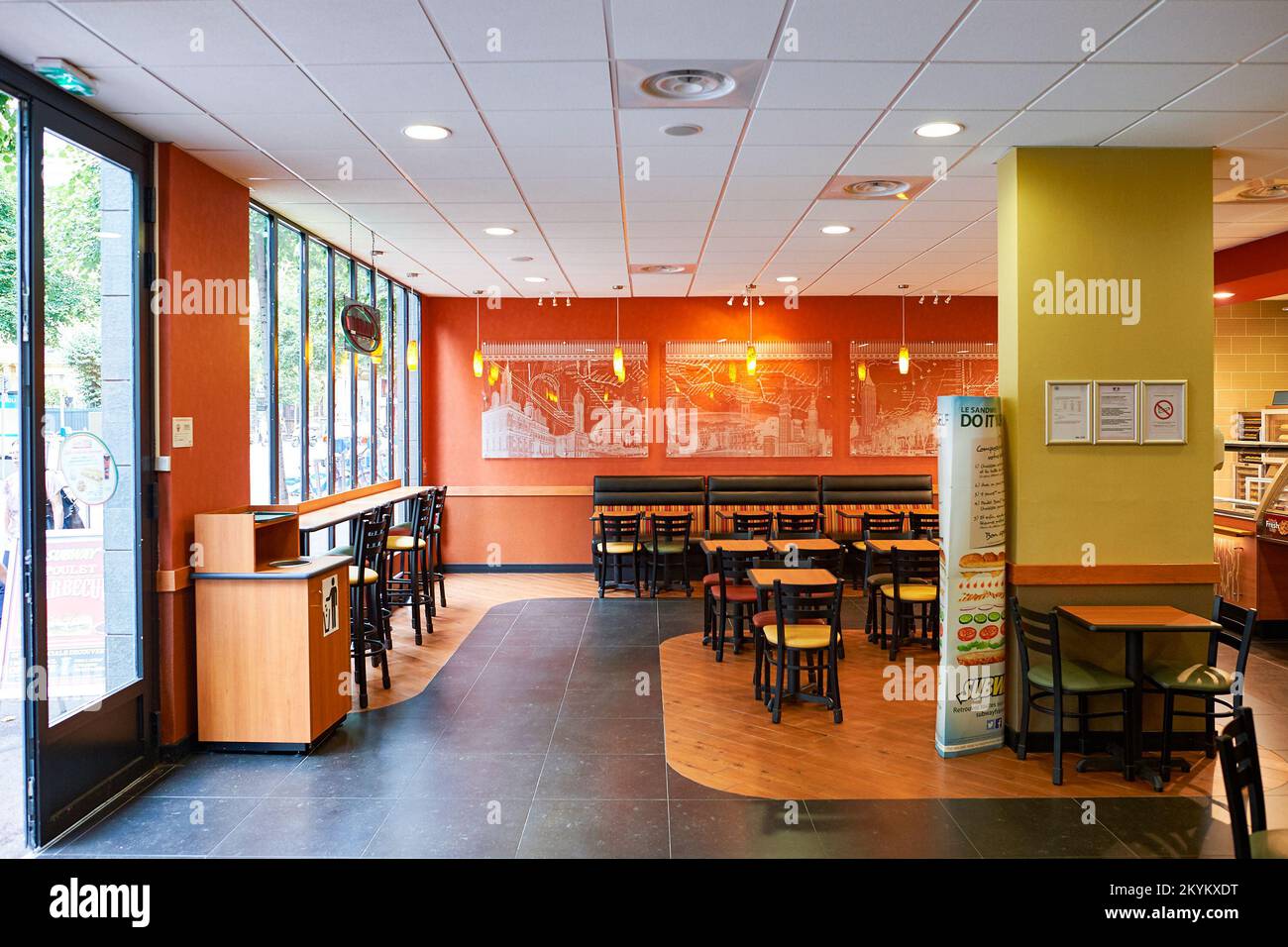 NICE, FRANCE - AUGUST 15, 2015: Subway fast food restaurant interior. Subway is an American fast food restaurant franchise that primarily sells submar Stock Photo