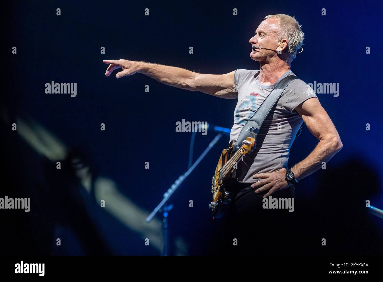 Sting, real name Gordon Sumner, live performance on stage. Bass player