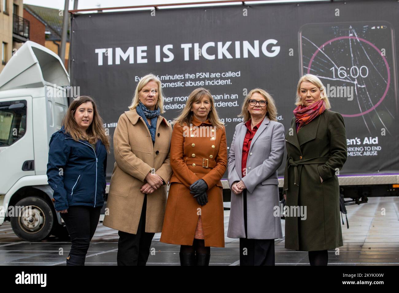 (left to right) Laura O'Neill Executive Assistant, Sonya McMullan Regional Services Manager, Sandra McNamee Strategic Support Consultant, Sarah Mason CEO and Kelly Andrews CEO of Belfast and Lisburn Centres, during the launch of Women's Aid Federation Northern Ireland campaign, Unlock The Funding, at Custom House Square in Belfast. Picture date: Thursday December 1, 2022. Stock Photo
