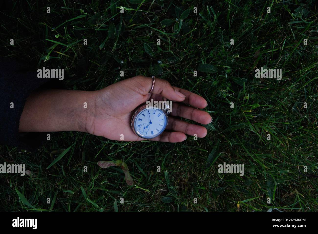 Womans hand laying on the grass holding a silver victorian pocket watch, Stock Photo