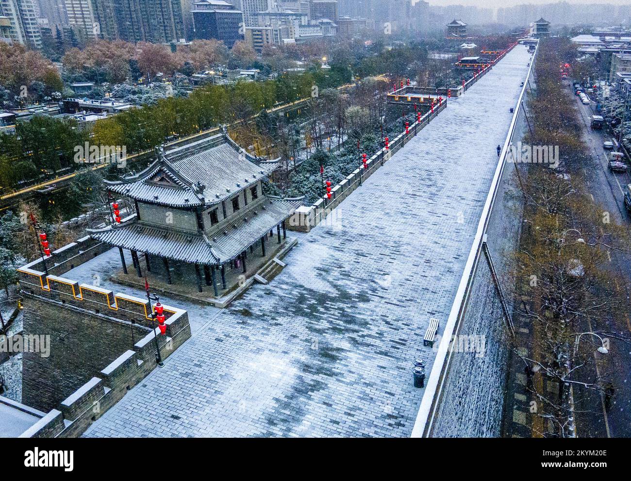 Aerial photos show the city snow views of Xi'an City, northwest China's