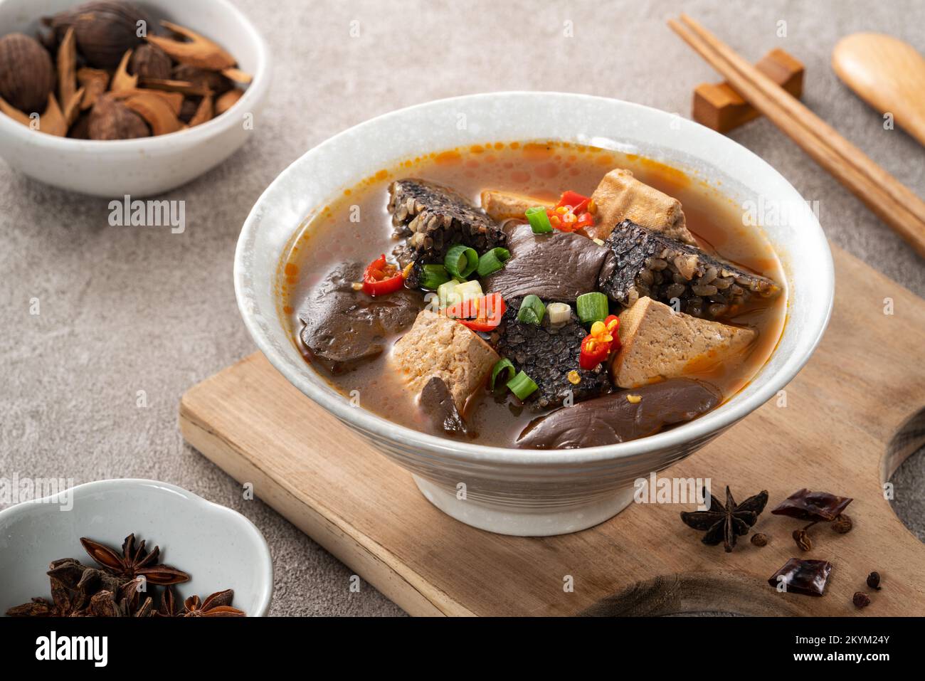 Delicious spicy duck blood jelly soup bowl and stinky tofu with