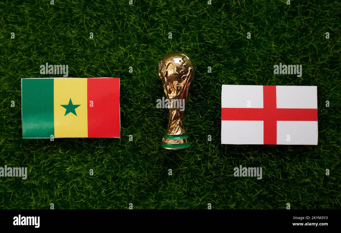 November 30, 2022, Doha, Qatar, Flags of the participants of the 1/8 finals of the FIFA World Cup between the national teams of England and Senegal on Stock Photo