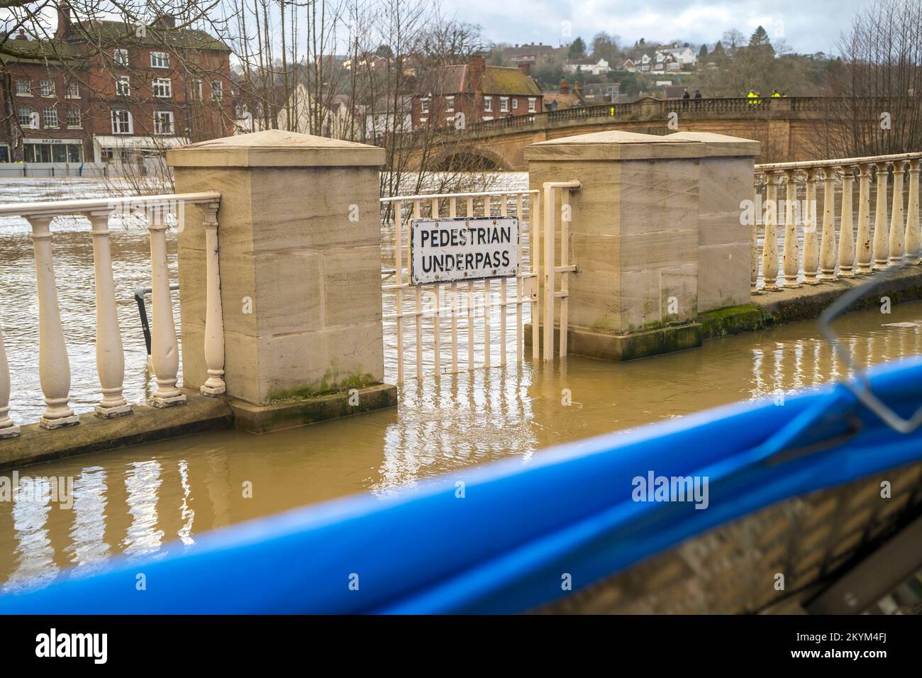 Pedestrian underpass alongside the River Severn in Bewdley under water