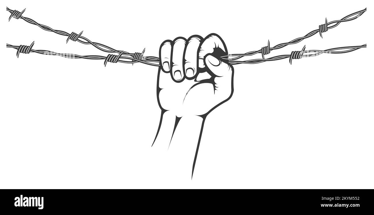 Hand stretching barbed wire, imprisonment, fist with barblock, prisoner, encumbrance or debt concept , vector Stock Vector