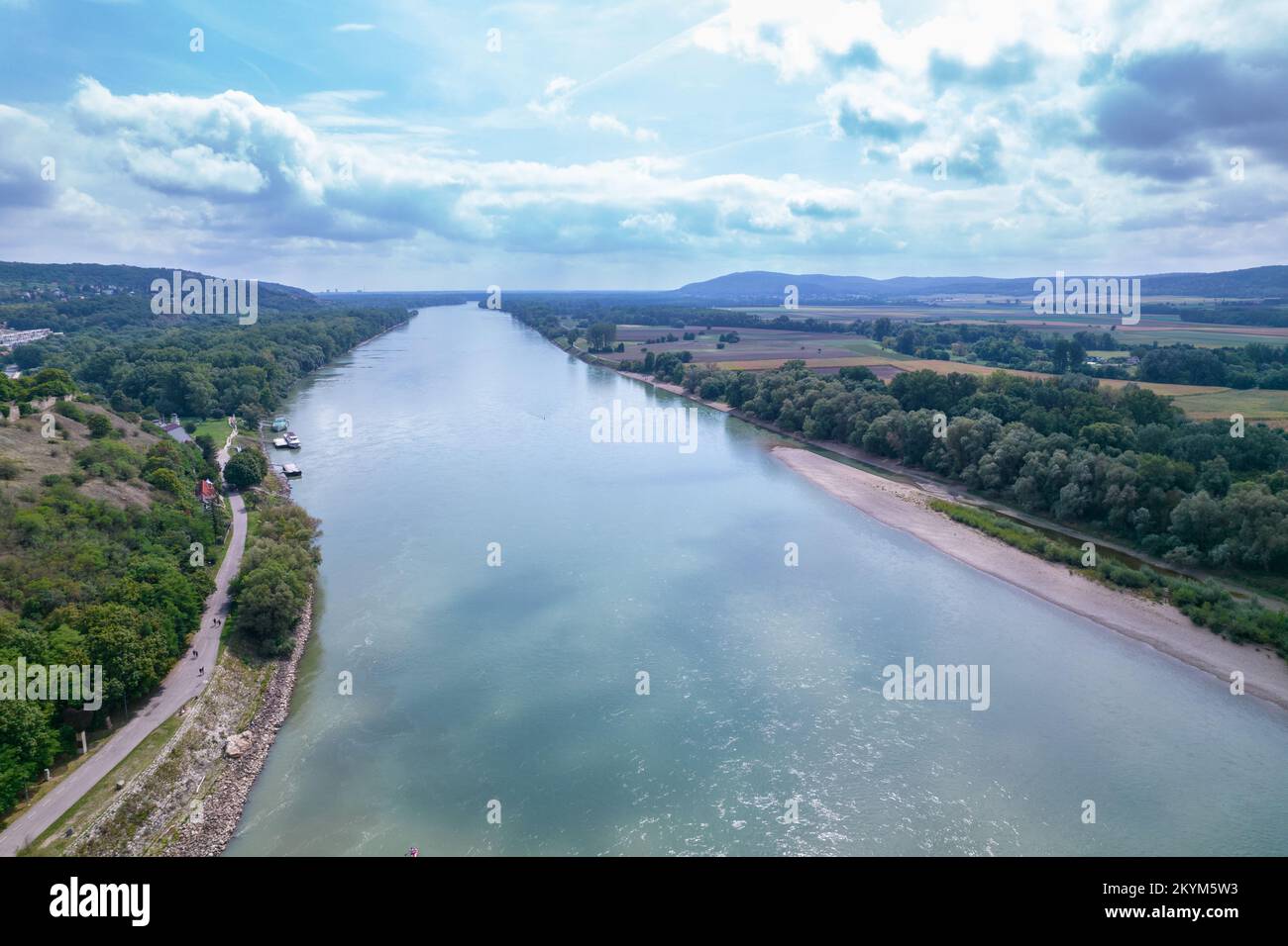 Aerial view on Devin castle in Bratislava, Slovakia. The confluence of the Danube and the Morava rivers. Danube river in Slovakia. Stock Photo