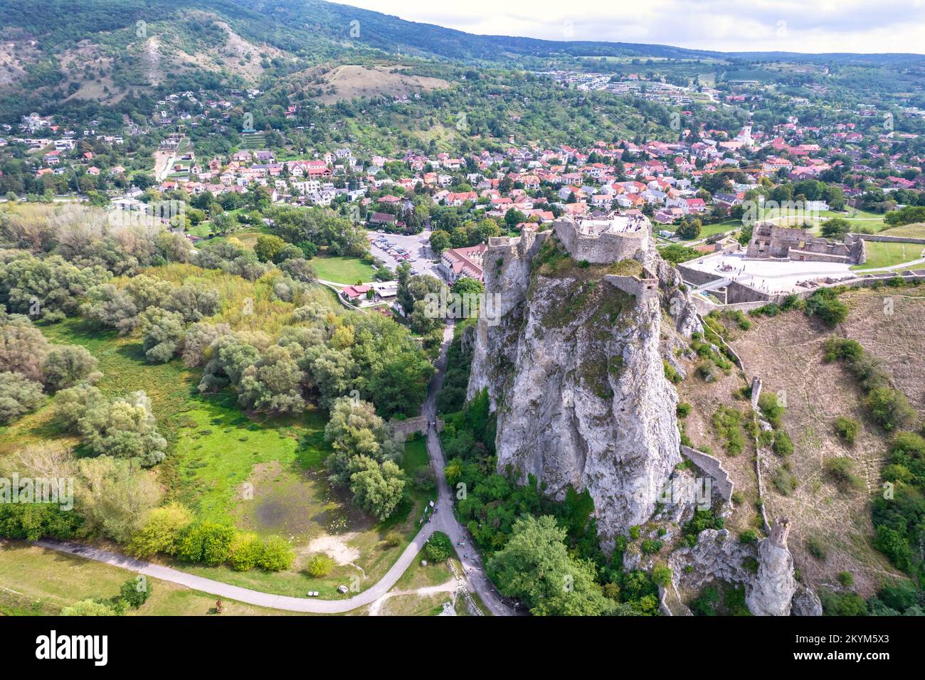 Aerial view on Devin castle in Bratislava, Slovakia. The confluence of the Danube and the Morava rivers. Danube river in Slovakia. Stock Photo