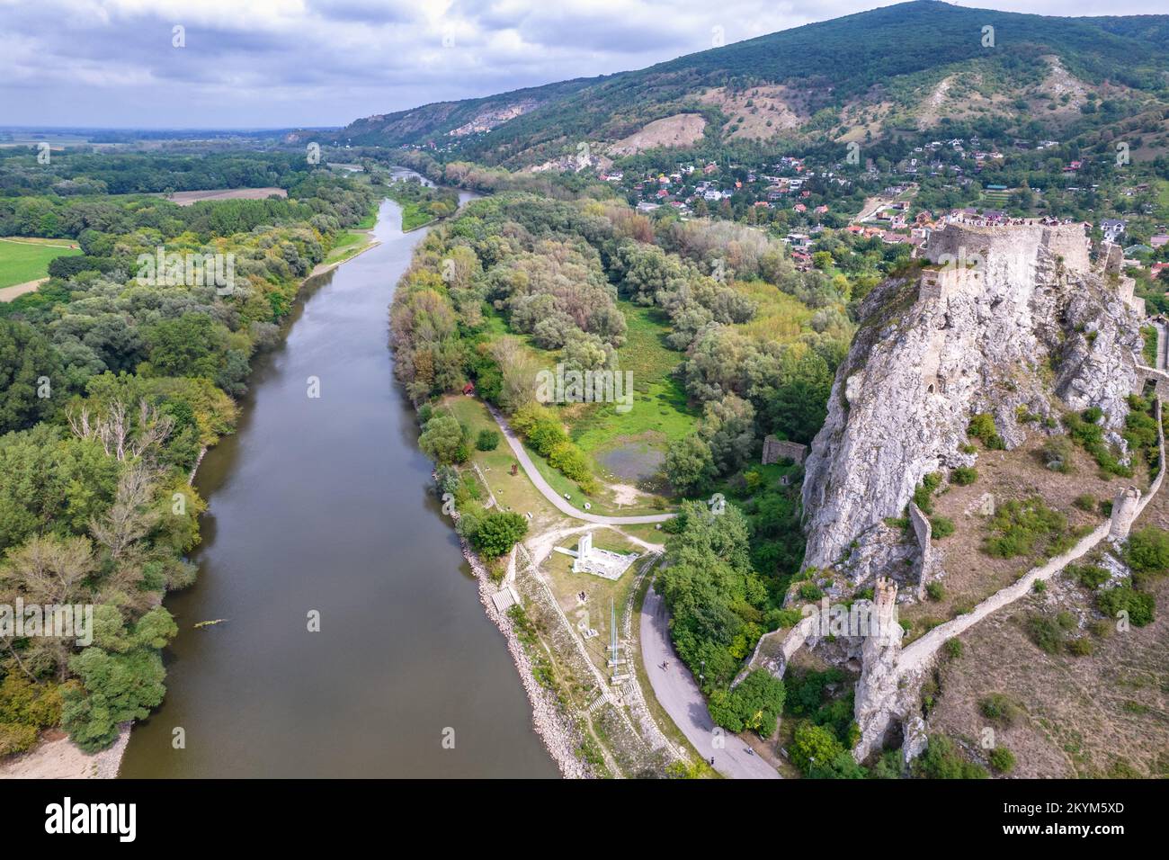 Aerial view on Devin castle in Bratislava, Slovakia. The confluence of the Danube and the Morava rivers. Danube river in Slovakia. Stock Photo