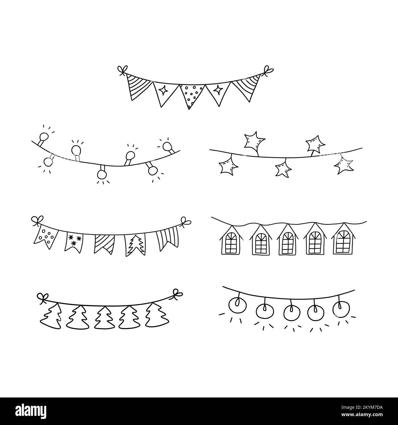Festive garlands. Form of Christmas trees, houses, flags and triangles