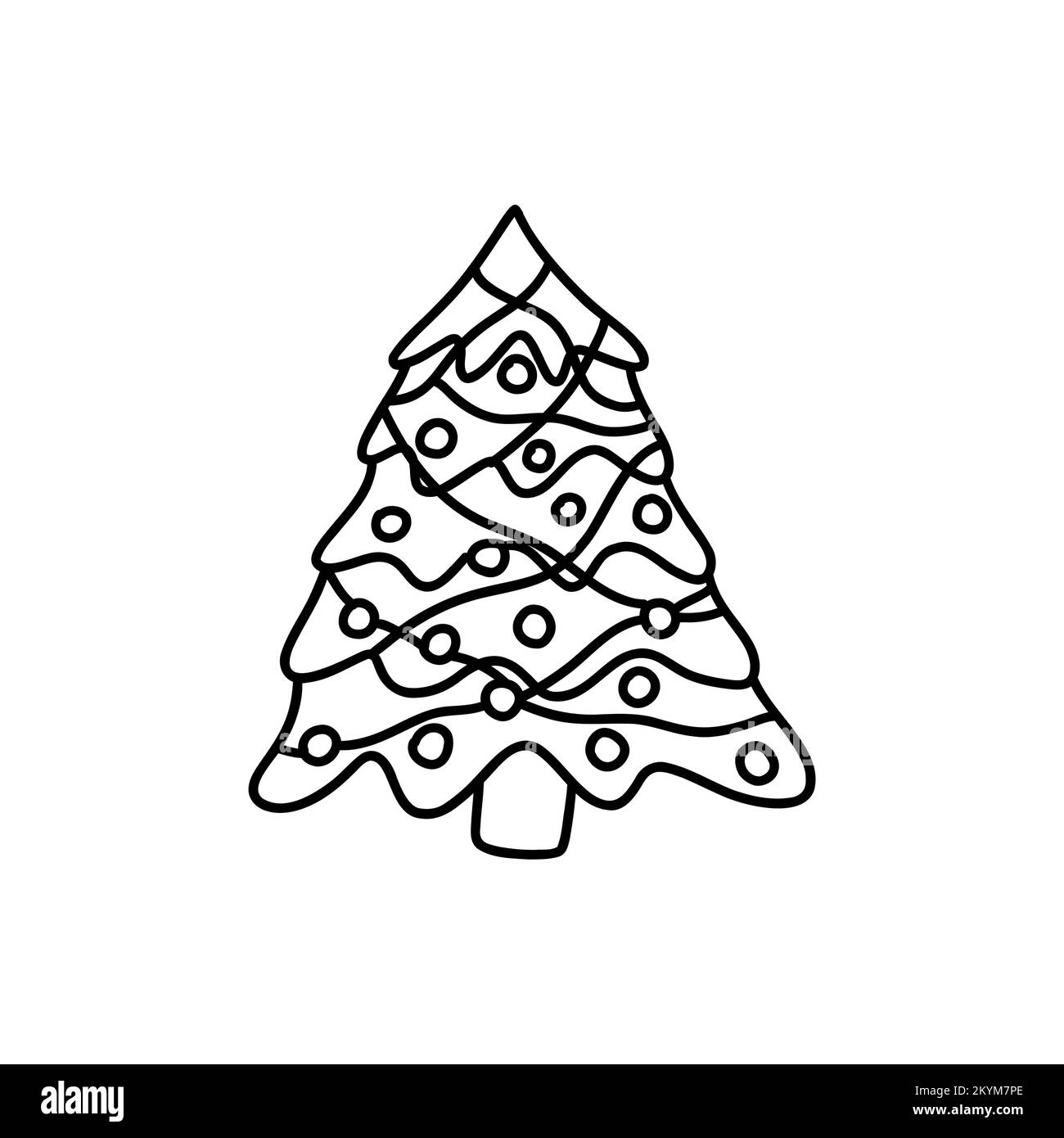 Christmas tree decorated with garland and balls. Holiday card. Black and white hand drawn vector