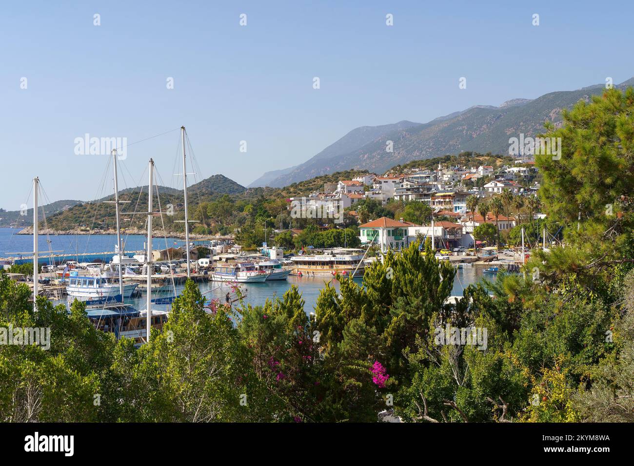 Kash, Turkey - November 29, 2022: View of the panorama of the Turkish city of Kas from above. Tourist attractions of Turkey and Mediterranean Sea. Travel, vacation, tourism concept. High quality photo Stock Photo