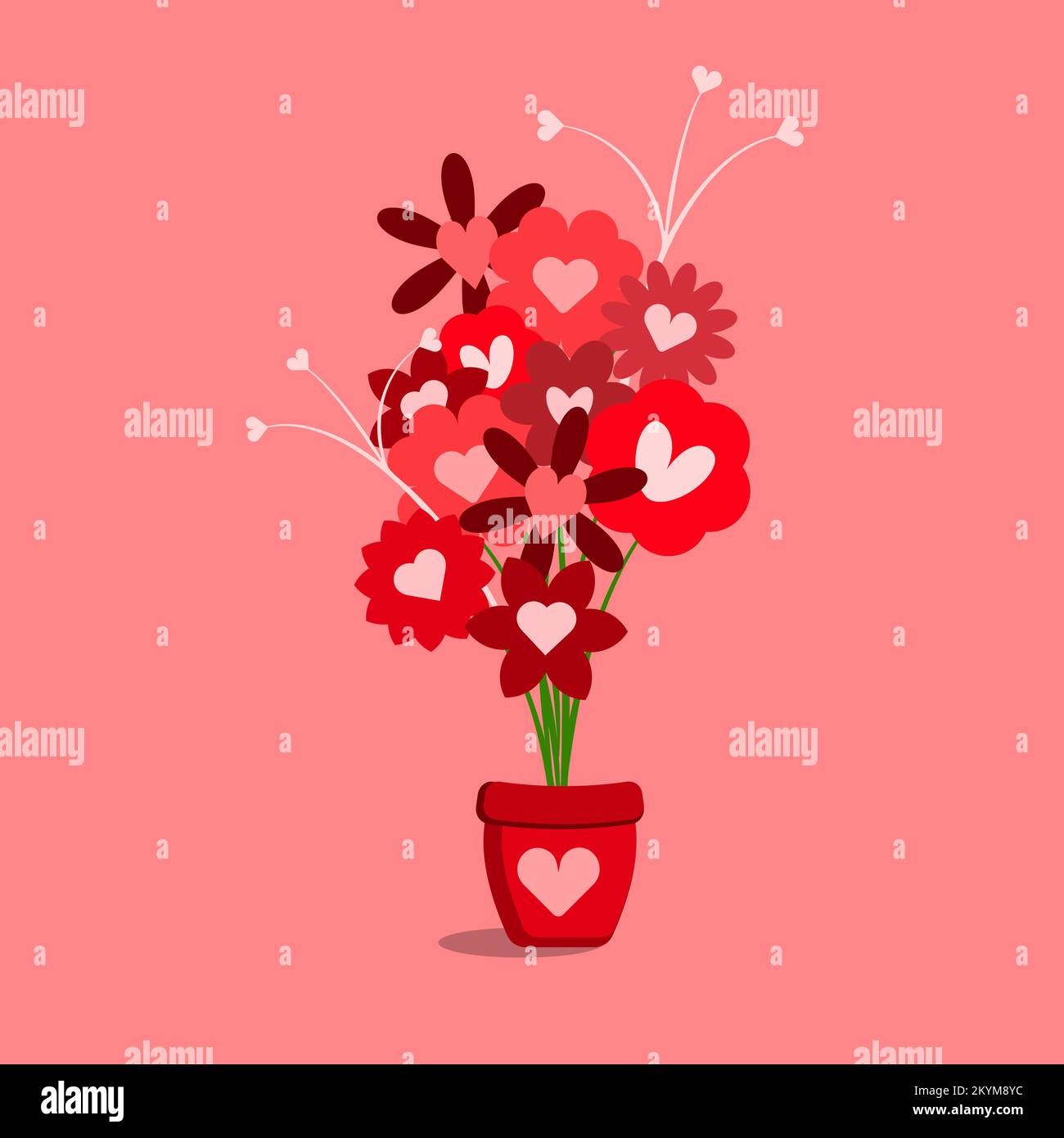Heart shape red flowers in a flower pot. Love and romance symbol. Flat ...