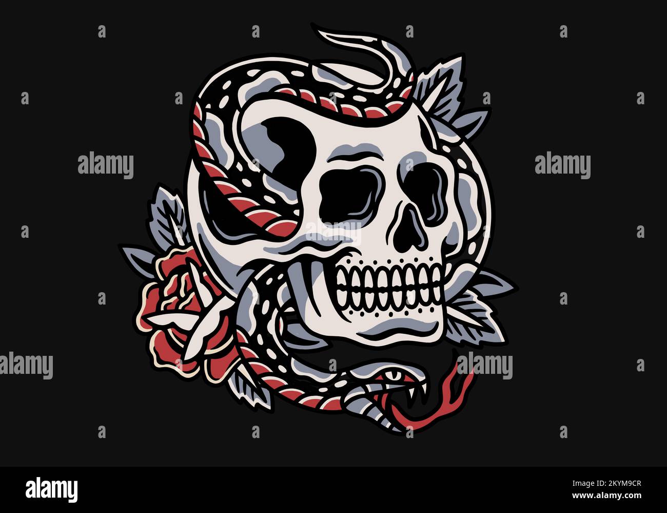 Old school traditional wallpapers tattoo inspired cool graphic design illustration of snake with human skull and rose on black background Stock Photo