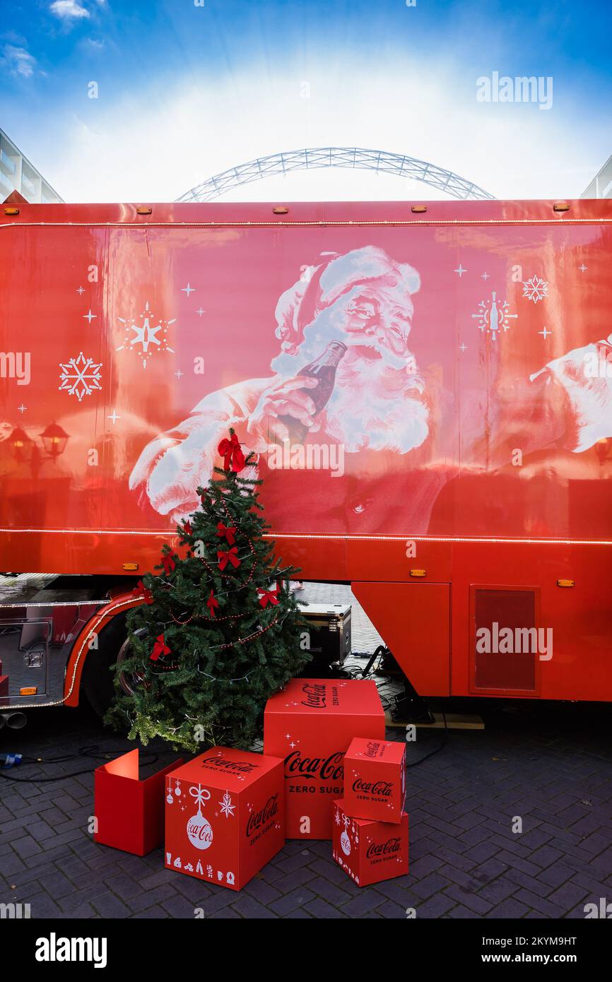 Wembley Park, London, UK. 1st December 2022. The iconic Coca Cola Christmas Truck stops on