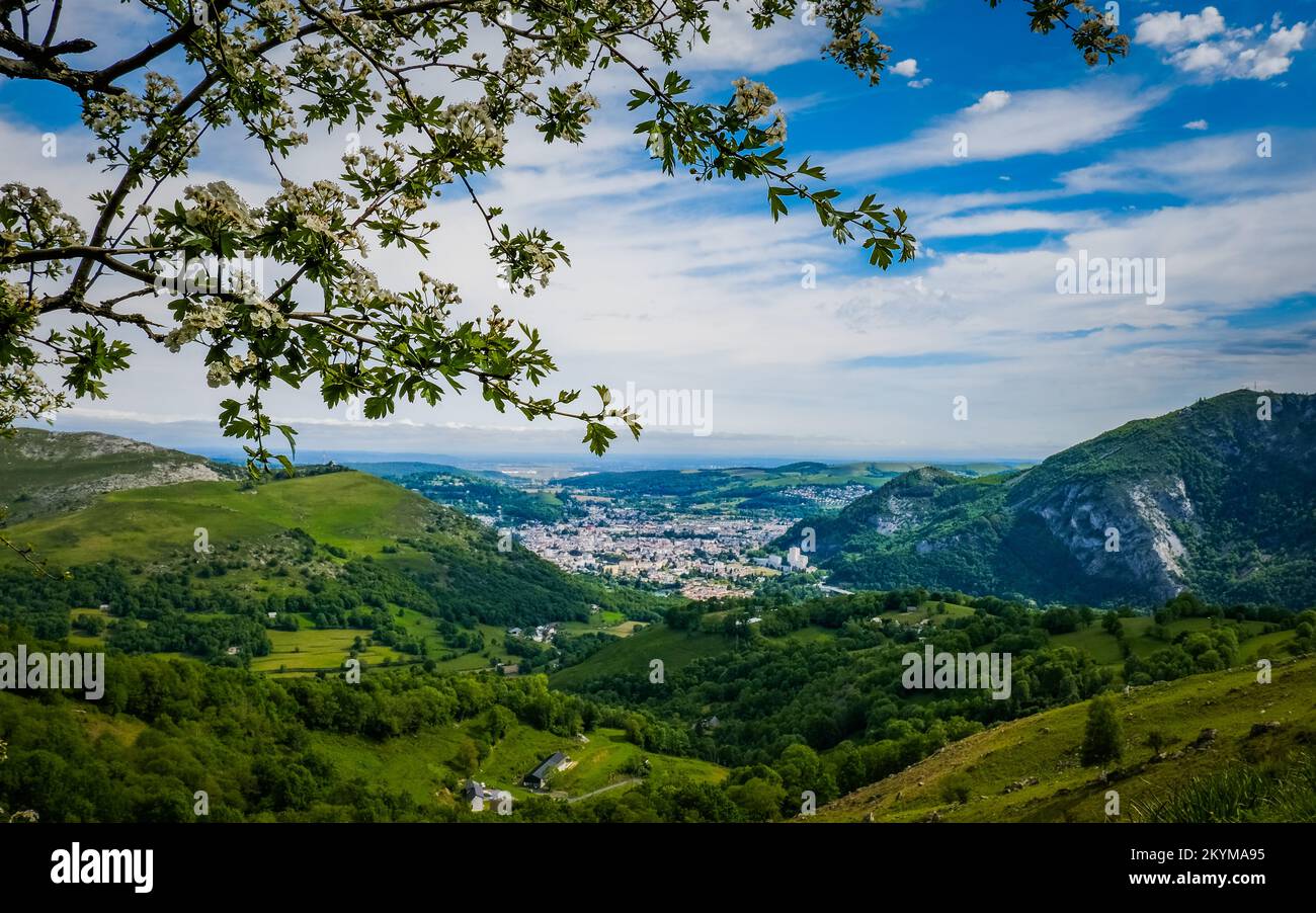 View on Lourdes from the Pibeste-Aoulhet natural reserve in the Pyrenees mountains range in the South of France Stock Photo