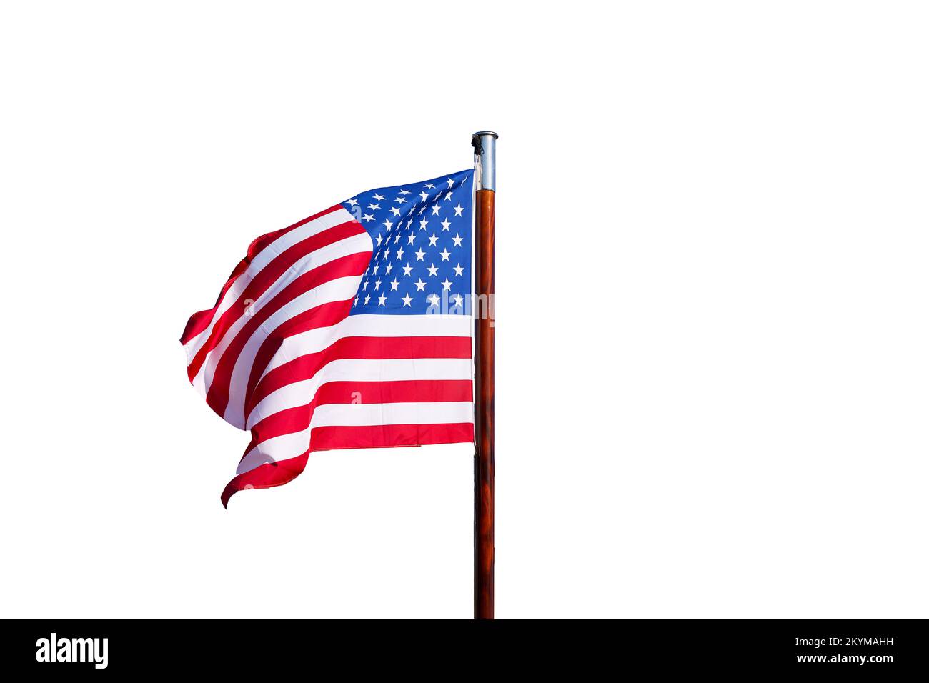 USA flag isolate. Waving flag of the United States of America on a flagpole on an empty white background. High quality photo Stock Photo