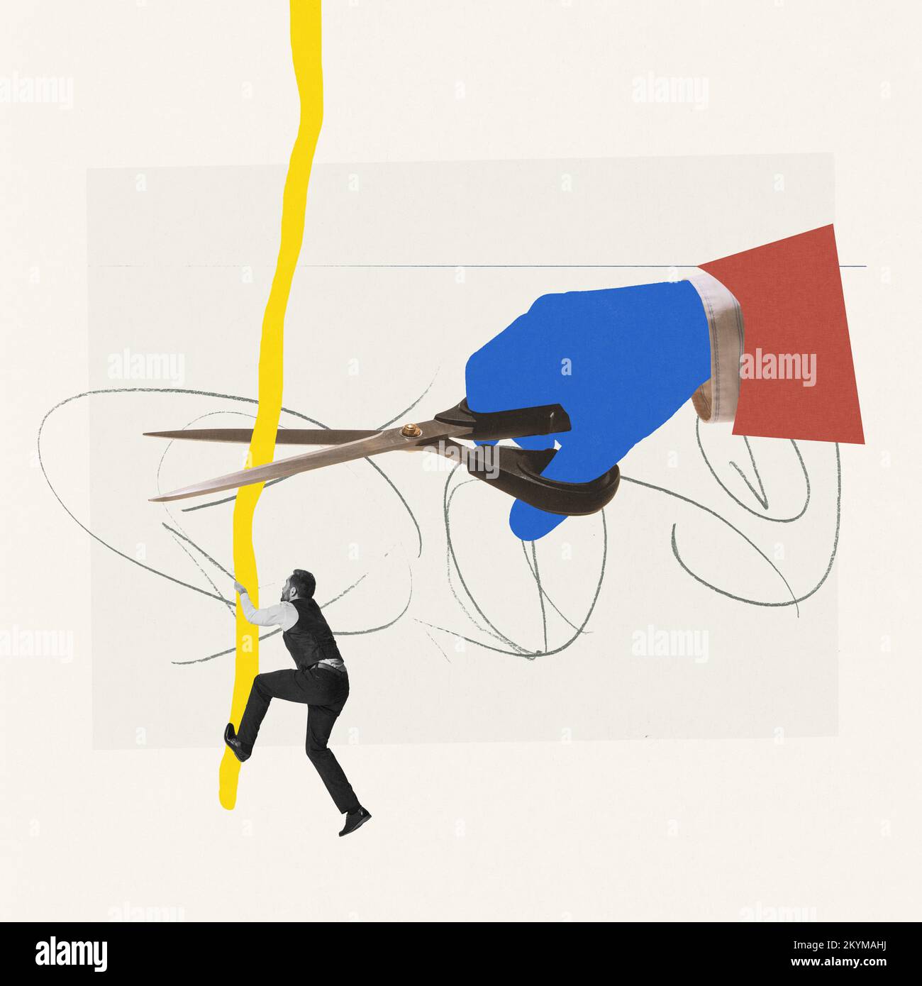 Hand Cutting Rop Contemporary art collage. Creative design. Illusion hand cutting rope ...