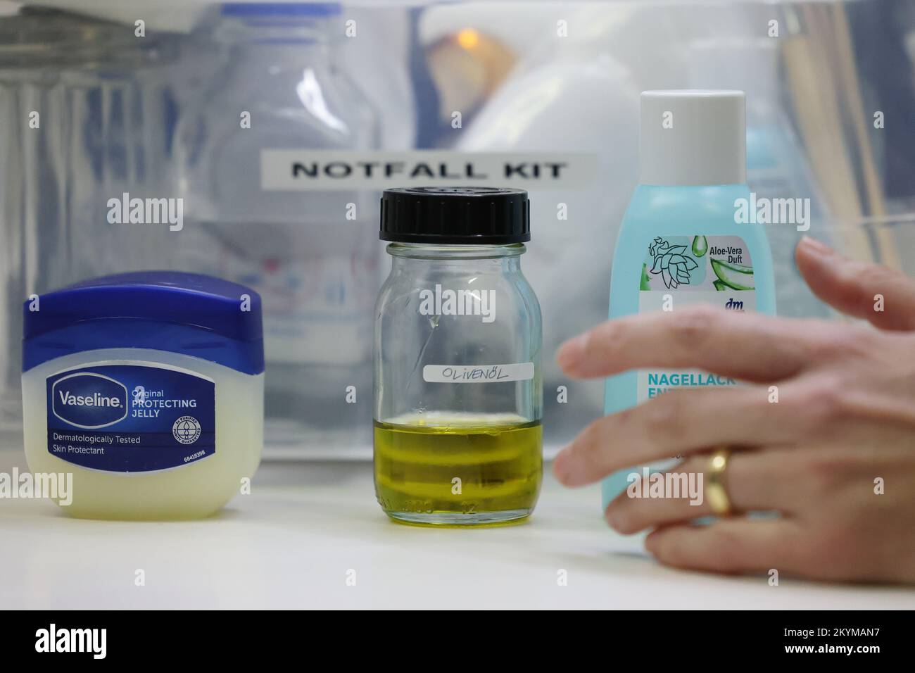 Duesseldorf, Germany. 01st Dec, 2022. Olive oil, Vaseline and nail polish  remover are part of an "emergency kit" taken at the K20 Kunstmuseum.  Museums are worried about their works. The contents of