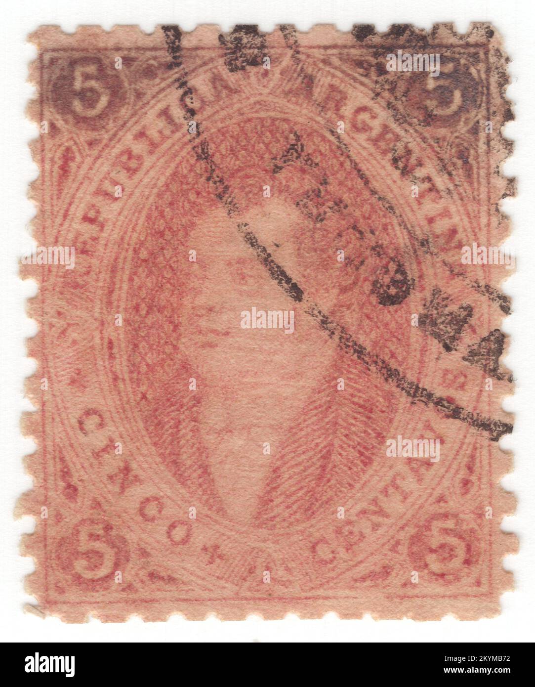 ARGENTINA - 1865: 5 centavos brown-rose postage stamp depicting portrait of Bernardino de la Trinidad Gonzalez Rivadavia, first President of Argentina, then called the United Provinces of the Río de la Plata, from February 8, 1826 to June 27, 1827. He was educated at the Royal College of San Carlos, but left without finishing his studies. During the British Invasions he served as Third Lieutenant of the Galicia Volunteers. He participated in the open Cabildo on May 22, 1810 voting for the deposition of the viceroy Stock Photo