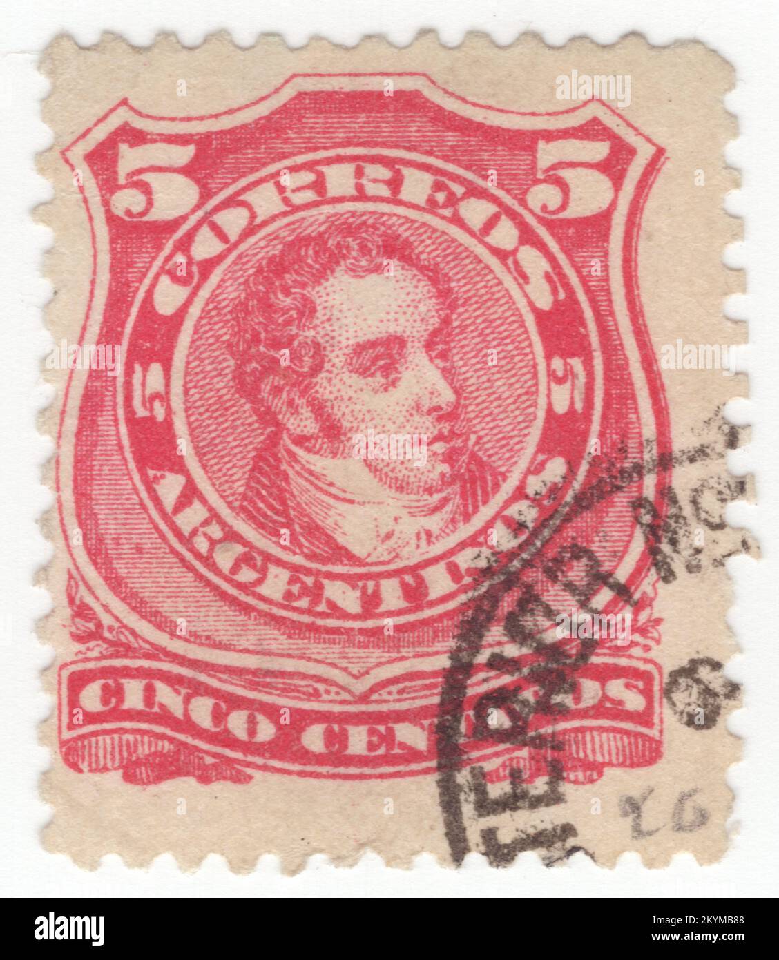 ARGENTINA - 1867: 5 centavos vermilion postage stamp depicting portrait of Bernardino de la Trinidad Gonzalez Rivadavia, first President of Argentina, then called the United Provinces of the Río de la Plata, from February 8, 1826 to June 27, 1827. He was educated at the Royal College of San Carlos, but left without finishing his studies. During the British Invasions he served as Third Lieutenant of the Galicia Volunteers. He participated in the open Cabildo on May 22, 1810 voting for the deposition of the viceroy Stock Photo