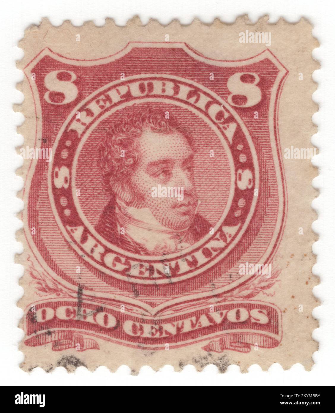 ARGENTINA - 1880: 8 centavos lake postage stamp depicting portrait of Bernardino de la Trinidad Gonzalez Rivadavia, first President of Argentina, then called the United Provinces of the Río de la Plata, from February 8, 1826 to June 27, 1827. He was educated at the Royal College of San Carlos, but left without finishing his studies. During the British Invasions he served as Third Lieutenant of the Galicia Volunteers. He participated in the open Cabildo on May 22, 1810 voting for the deposition of the viceroy. He had a strong influence on the First Triumvirate Stock Photo